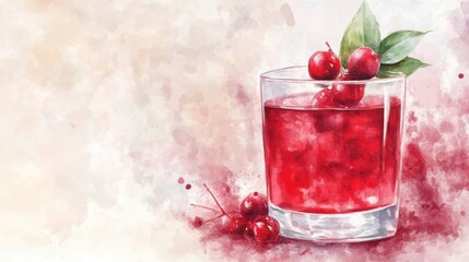 A vibrant watercolor illustration of a refreshing cherry drink in a glass, adorned with fresh cherries and leaves.