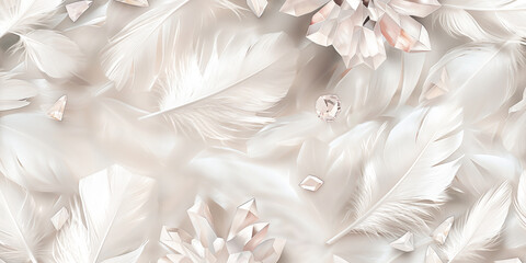 Luxurious pattern with crystal shapes and feather motifs, white, silver, and pastel color palette
