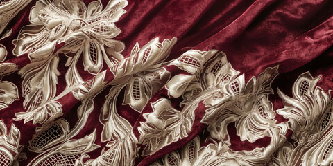 Luxurious pattern with velvet textures and lace designs, deep burgundy and ivory palette
