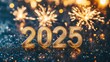 © Halina Berah - Happy New Year concept for 2025. New Year's lights, gold and dark red colors, bokeh background with glowing number 2025 and fireworks.