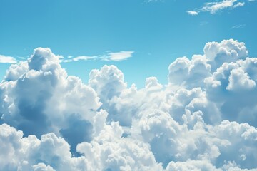 Wall Mural - Aerial view of a plane flying through a blue and white cloud-filled sky