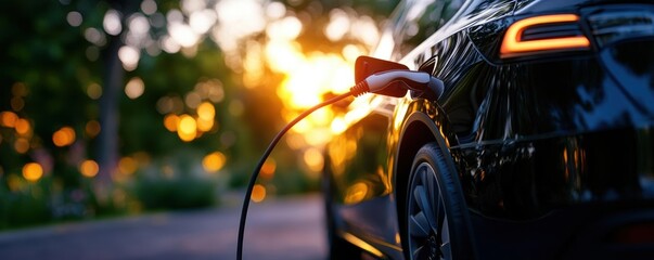 A sleek electric car charging at sunset, showcasing eco-friendly transportation in a modern urban setting.