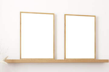 Two vertical wooden frame mockup. Two mock up poster on wooden floor. 2 frame 3d illustrations.