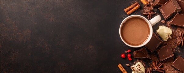 Cup of hot chocolate with cinnamon sticks, chocolates, and red berries on a dark rustic background. Cozy and delicious autumn or winter treat.