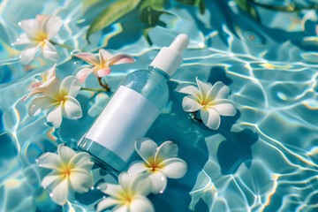 A close-up of a skincare product blue bottle with a blank white mock-up label lying on the pool water surrounded by tropical flowers