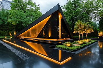 Poster - A modern, minimalist tombstone design with sharp lines and a polished finish, placed in a sleek, urban memorial park