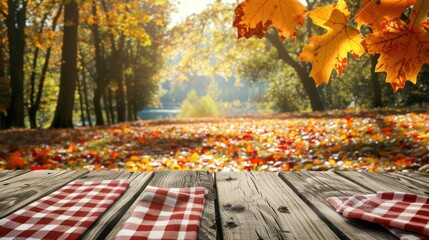 Sticker - Autumn Picnic Table with Red and White Checkered Tablecloth