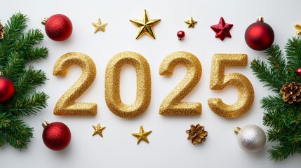 Wall Mural - On a white background, a 3D golden number 2025 shows Christmas ornaments, a New Year concept.