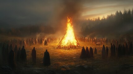 The Gathering at the Bonfire: A mystical and captivating scene of figures cloaked in darkness gathered around a towering bonfire, their faces illuminated by the flames in an eerie 