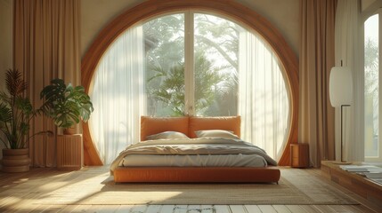 Wall Mural - Bedroom with arches in a simple and minimalist style. This scene looks incredibly realistic with soft colors and soft lighting that create a warm and inviting atmosphere.