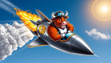 Jovial bull pilot sitting on a sleek rocket ship