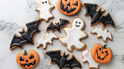 Close-up of fresh tasty cookies reminiscent of a ghost, halloween pumpkin and a bat