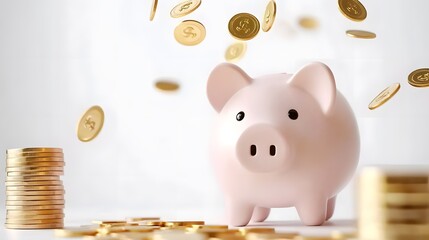  Golden coins falling into a pink piggy bank with a stack of money, promoting online financial services on a clean white background. Banner for investment and savings concepts