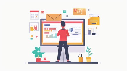 Poster - Person analyzing graphs and charts on a computer with office elements like envelopes and plants. Business and productivity concept.