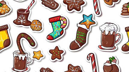 Wall Mural - A set of Christmas-themed stickers featuring hot cocoa, candy canes, and cookies 