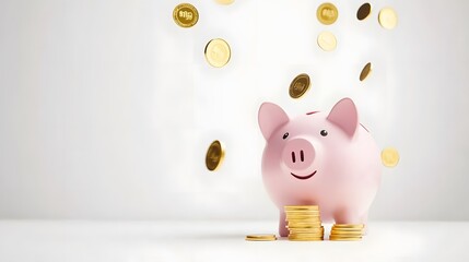  Golden coins falling into a pink piggy bank with a stack of money, promoting online financial services on a clean white background. Banner for investment and savings concepts