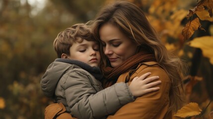 Wall Mural - A mother embraces her son in a warm autumn forest surrounded by vibrant fall foliage during a peaceful afternoon