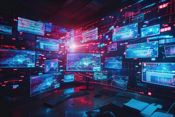 Poster - A modern office setup with multiple computer monitors and a keyboard, ideal for work or study