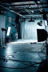 Studio interior with various lighting tools and equipment for photographers