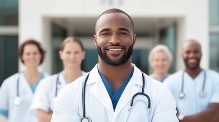 A team of healthcare professionals standing in front of an emergency room entrance, united in purpose