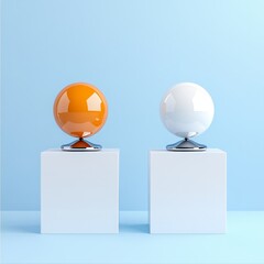 Poster - Two spheres, one orange and one white, are displayed on separate pedestals against a light blue background. The spheres represent contrasting elements or choices, while the pedestals provide a stable 