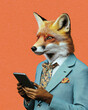 © sergign - A fox in a stylish blue suit holds a device, merging animal instinct with human dexterity, representing adaptability.