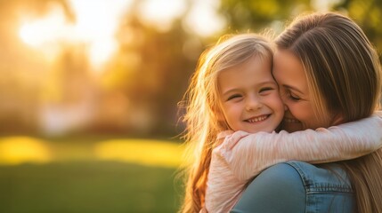 Wall Mural - Mother and daughter share a joyful embrace in a sunlit park during golden hour, capturing a moment of love and happiness