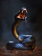 © Tida - A black cobra with its fangs bared, tongue forked, poised to strike, symbolizing danger, power, and a primal instinct for survival. The dark background emphasizes the snake's vibrant colors and menaci
