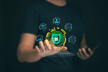 Fototapete - Cyber ​​security protection concept, personal data protection and financial transaction protection. Security lock technology protects personal information on smartphones.