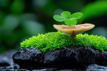 Poster - A photograph of a mushroom growing in a damp, mossy environment, with the rich green moss contrasting against the earthy tones of the mushroom