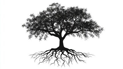 Wall Mural - Detailed black tree silhouette vector illustration with exposed roots, isolated on a crisp white background for nature-themed designs.