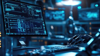 futuristic robot hand interacting with a high-tech computer interface in a dimly lit environment.