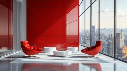 Poster - A red room with a view of the city