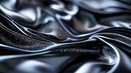 Poster - A close-up abstract image of silver fabric with a shimmering texture. The fabric is draped and folded, creating a sense of movement and fluidity. The image symbolizes luxury, elegance, and sophisticat