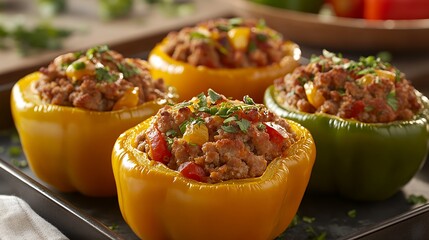 Wall Mural - Colorful stuffed bell peppers filled with meat and vegetables, garnished with herbs.