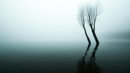 Wall Mural - halloween fog-covered lake with dark still water gnarled trees and eerie misty ambiance