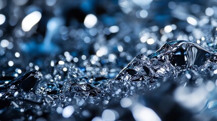 Poster - A close-up image of shimmering silver and blue water droplets, creating a mesmerizing abstract texture. The droplets form a captivating pattern with a sense of depth and movement, highlighting the bea