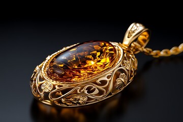 Poster - A piece of amber set in an ornate, gold pendant, reflecting the light and casting a warm, golden glow around it