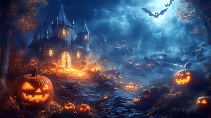 A spooky Halloween scene with carved pumpkins, a haunted castle, and a dark, misty atmosphere.