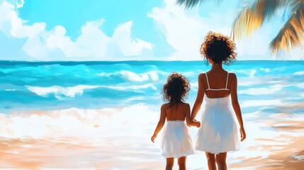 Poster - Two girls walking hand in hand along a sunny beach, enjoying the ocean waves and bright blue sky during a summer afternoon