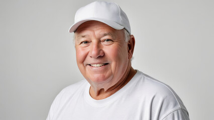 Plus size senior man wearing white t-shirt and white baseball cap isolated on grey background