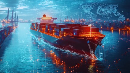 Futuristic cargo ship sails through illuminated digital port at night. concept of global trade and technology.