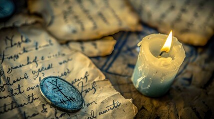 A burning candle on old parchment with a symbol.