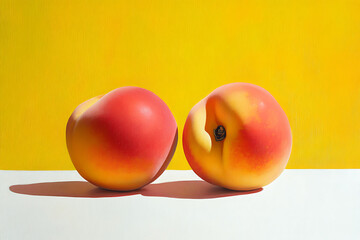 Two vibrant peaches against a bright yellow background, showcasing color and form.