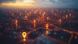 © Tomass - Conceptual view of smart city with glowing location pins, showcasing technology and connectivity at dusk.