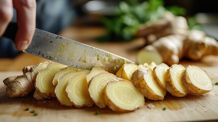 Person cutting ginger roots into slices on a wooden cutting board