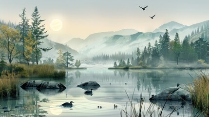 Sticker - Tranquil Morning Lake Scene with Fog and Mountains.