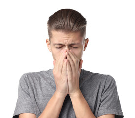 Sticker - Young man suffering from sinusitis on white background