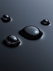 Poster - A close-up shot of water droplets on a smooth, dark surface. The droplets are perfectly round and reflect the light, creating a mesmerizing effect. The image evokes a sense of purity, serenity, and th