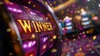 © Tomass - Slot machine with bright 'winner' sign indicating jackpot in vibrant casino environment.
